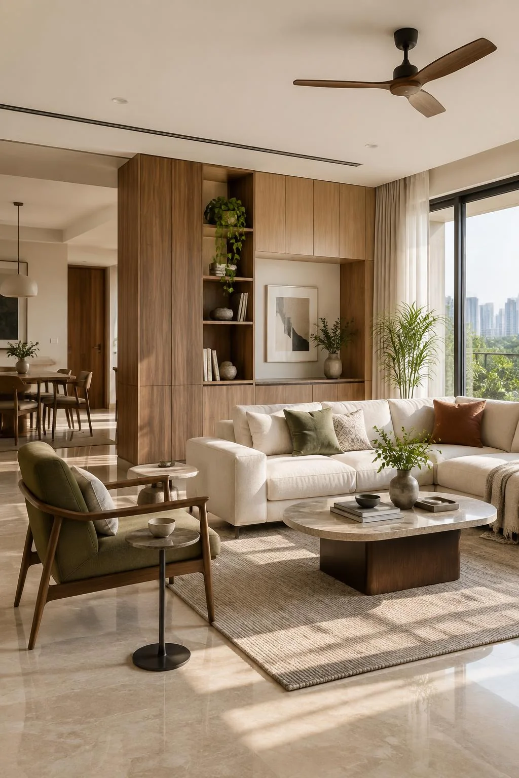 Bright contemporary living room with timber storage, seating and a sunlit window, shown as design inspiration